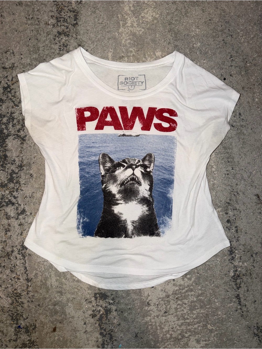 riot society White Tee with Red PAWS and Blue Cat Graphic